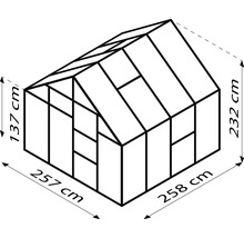Schéma skleníku s rozměry: výška 137 cm, délka 257 cm, výška 232 cm a délka 258 cm