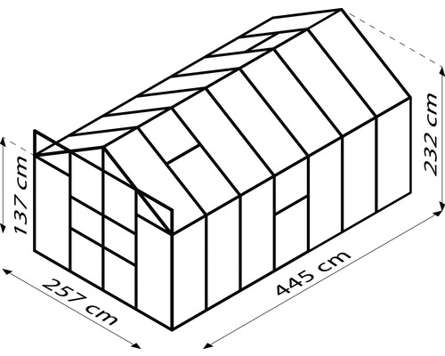 Obrázek skleníku o rozměrech 257 cm x 445 cm a výšce 232 cm