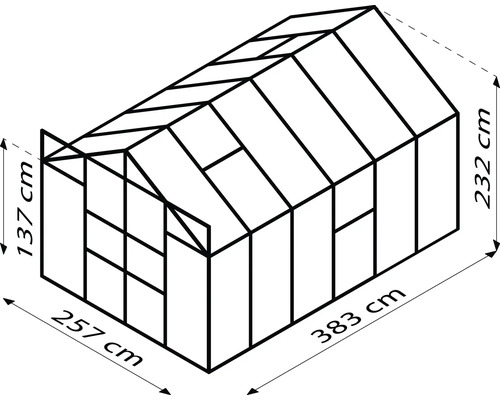 Schéma skleníku s rozměry 383, 257 a 232 krát 137 centimetrů.