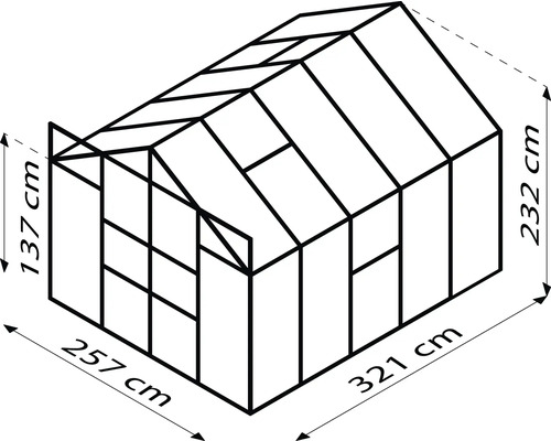 Rozměry skleníku: šířka 257 cm, hloubka 321 cm a výška 232 cm.