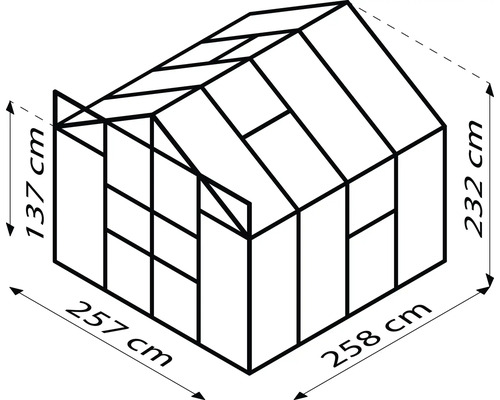 Rozměry skleníku: šířka 257 cm, hloubka 258 cm, boční výška 137 cm, výška hřebene 232 cm.