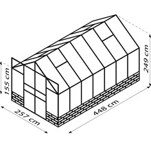 Technický nákres skleníku o rozměrech 257 centimetrů krát 448 centimetrů krát 249 centimetrů krát 155 centimetrů