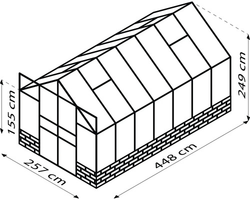 Ilustrace skleníku s rozměry: šířka 257 cm, délka 448 cm a výška 249 cm.