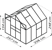 Rozměry skleníku: plocha základny 257 cm x 258 cm, boční výška 154 cm, celková výška 248 cm.