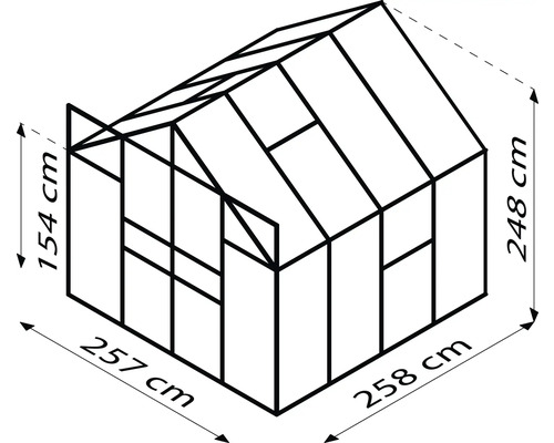 Rozměry skleníku: délka 257 cm, šířka 258 cm, výška 248 cm, výška boční stěny 154 cm