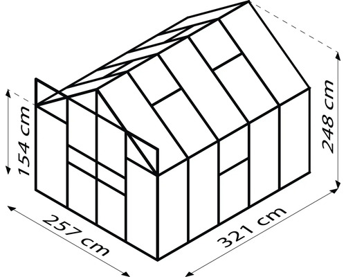 Technický nákres skleníku s rozměry: šířka 257 centimetrů, délka 321 centimetrů, výška boku 154 centimetrů a celková výška 248 centimetrů.