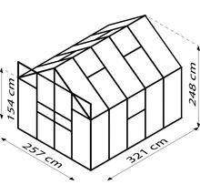 Obrázek skleníku o rozměrech: základna 257 cm x 321 cm, boční výška 154 cm a celková výška 248 cm.