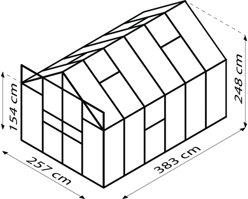 Nákres skleníku o rozměrech 257 cm x 383 cm a výšce 154 cm až 248 cm