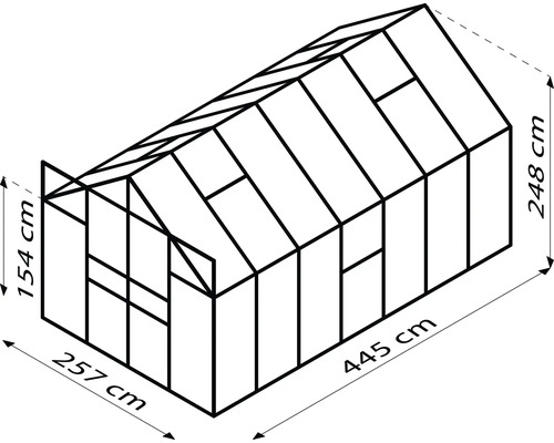 Ilustrace skleníku o rozměrech 257 x 445 x 248 centimetrů a výšce 154 centimetrů
