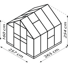 Rozměry skleníku: 257 cm x 263 cm, výška 160 cm a 254 cm