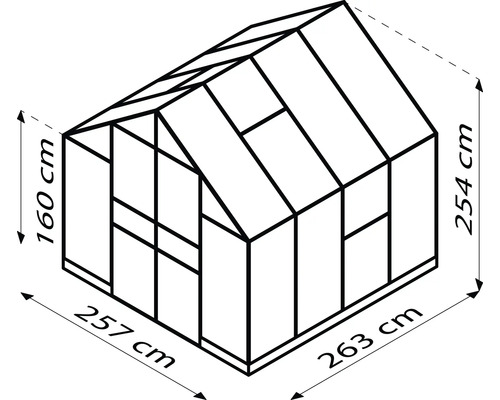 Rozměry skleníku: 257 cm x 263 cm, výška 160 cm a 254 cm