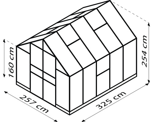 Nákres skleníku s rozměry v centimetrech