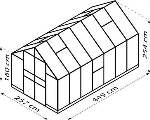 Rozměry skleníku: 257 cm x 449 cm, výška: 160 cm až 254 cm