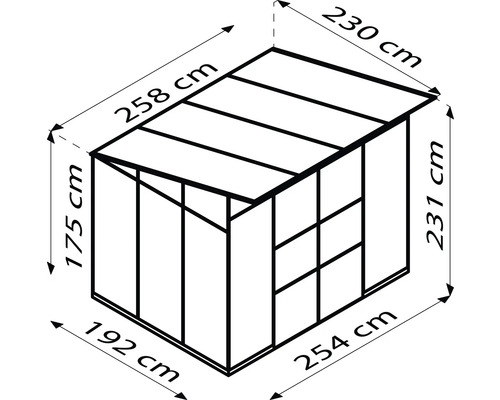 Diagram zahradního domku s rozměry v centimetrech