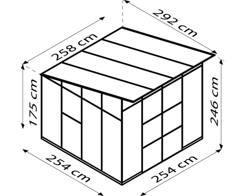 Ilustrace skleníku o rozměrech 254 x 254 x 246 cm, výška hřebene 292 cm a výška strany 175 cm