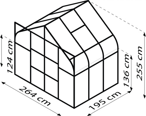 Ilustrace skleníku s rozměry: délka 264 cm, šířka 195 cm, výška boční stěny 124 cm a celková výška 255 cm