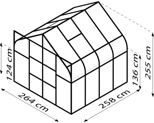 Nákres skleníku o rozměrech 264 x 258 centimetrů půdorysu a 124, respektive 255 centimetrů výšky