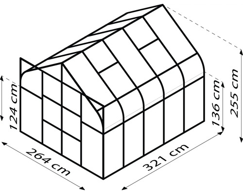 Obrázek skleníku o rozměrech 264 cm x 321 cm a výšce 255 cm.