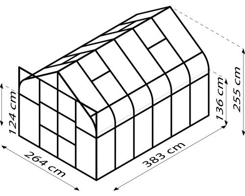 Obrázek skleníku s rozměry: šířka 264 cm, délka 383 cm, výška boční stěny 124 cm a celková výška 255 cm.