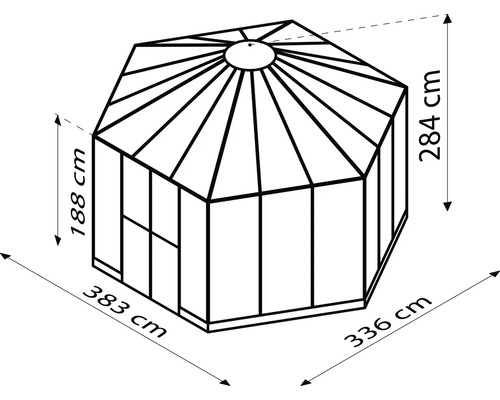 Ilustrace zahradního domku s rozměry výšky a šířky