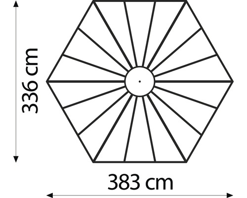 Rozměry slunečníku: výška 336 cm, šířka 383 cm