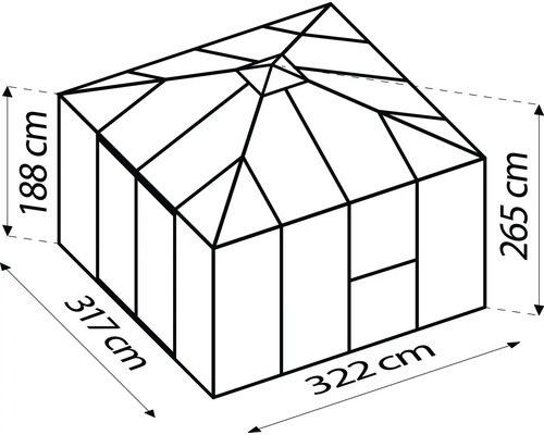 Technický nákres skleníku o rozměrech 317 cm x 322 cm a výšce 188 cm až 265 cm.