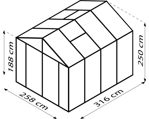 Obrázek skleníku o rozměrech 258 x 316 centimetrů a výšce 188 až 250 centimetrů.