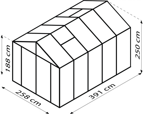 Ilustrace skleníku s rozměry 258 cm, 391 cm, 188 cm a 250 cm.
