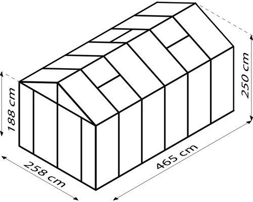 Nákres skleníku o rozměrech 188 cm výška vpředu, 250 cm výška vzadu, 258 cm šířka a 465 cm délka