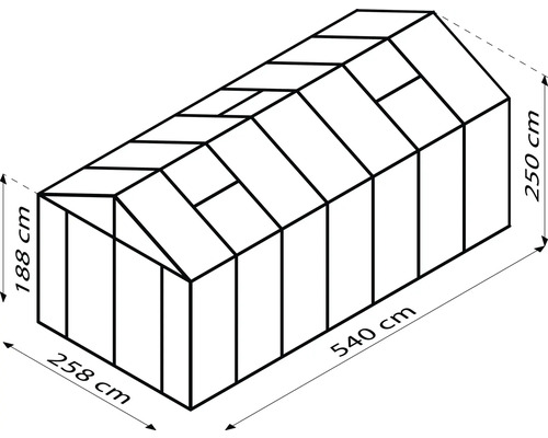 Obrázek obrysu skleníku s rozměry 258 cm x 540 cm x 188 cm x 250 cm