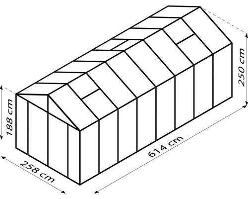 Obrázek modelu skleníku s rozměry: délka 614 cm, šířka 258 cm a výška 250 cm