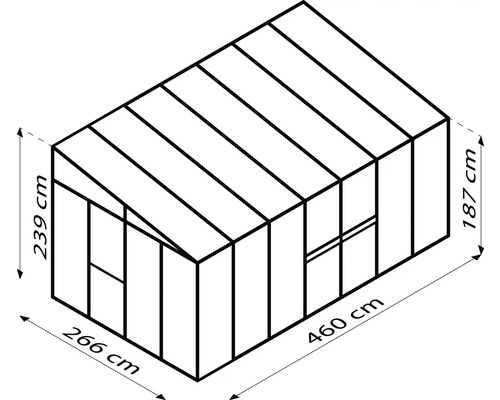 Ilustrace zahradního domku s rozměry: výška 239 cm, výška boční stěny 187 cm, šířka 266 cm a délka 460 cm.
