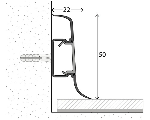 Technický výkres profilu soklové lišty o rozměrech 50 mm výška a 22 mm hloubka