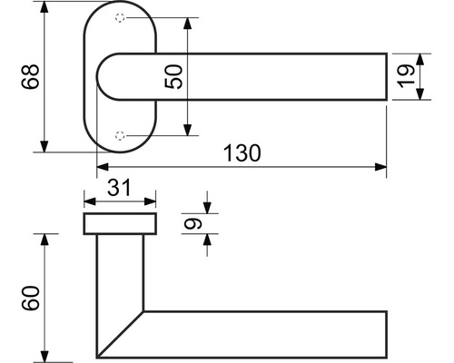 Technický nákres kliky ke dveřím s rozměry