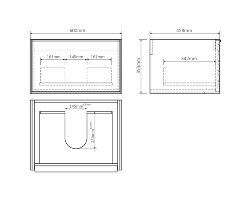 Technický nákres skříňky pod umyvadlo s rozměry.