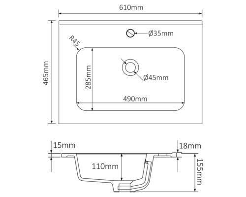 Technický nákres umyvadla s rozměry