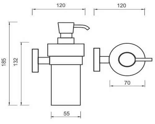 Technický výkres dávkovače mýdla s rozměry.