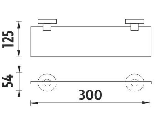 Technický výkres skleněné police o rozměrech 125 x 300 x 54 milimetrů