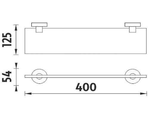 Technický nákres poličky na ručníky o rozměrech 125, 54 a 400 milimetrů.