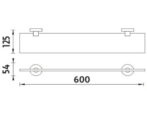 Technický výkres nástěnné police o rozměrech 600 x 125 x 54 mm