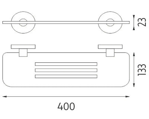Technický výkres koupelnové police s držákem na ručníky, rozměry 400 x 133 x 23 milimetrů
