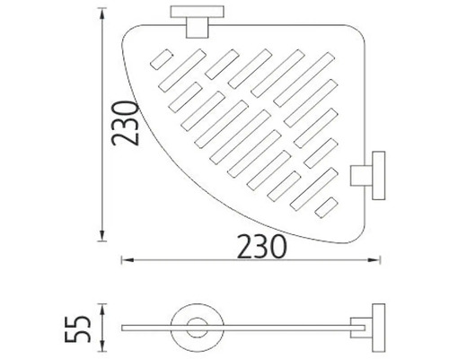 Technický výkres rohové sprchy s rozměry