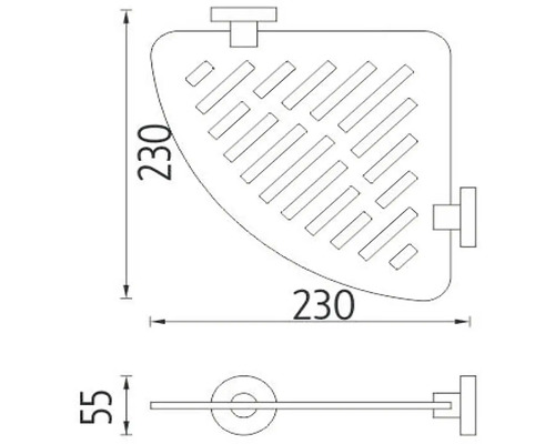 Technický nákres rohové police s rozměry