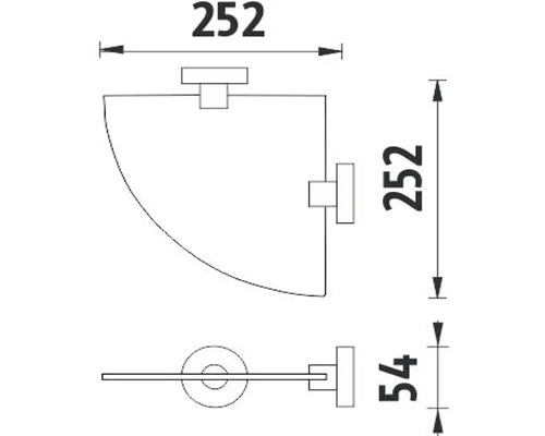 Technický výkres rohové police s rozměry