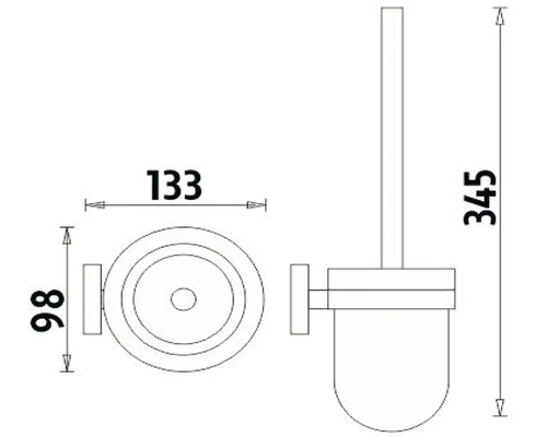 Technický nákres WC sady s rozměry 98, 133 a 345 milimetrů