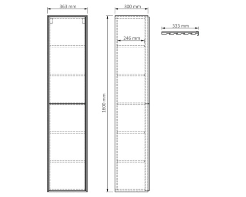 Technický nákres skříně s rozměry
