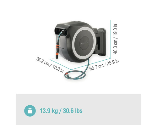 Box na hadici Gardena s rozměry 26,2 cm x 65,7 cm x 48,3 cm