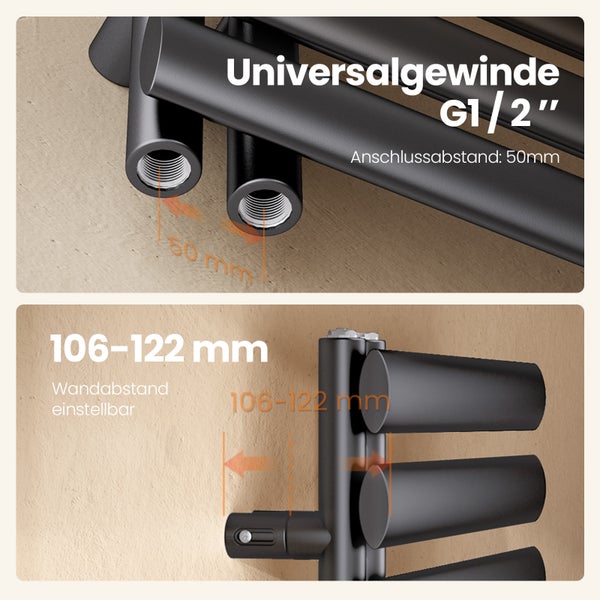 Detailní pohled na radiátor s informacemi o univerzálním závitu, připojovací vzdálenosti 50 mm a nastavitelné vzdálenosti od stěny 106 až 122 mm.
