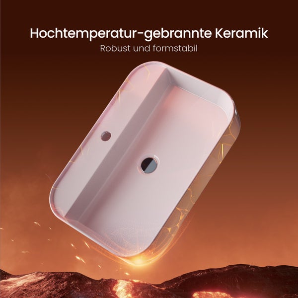 Obdélníkové keramické umyvadlo na desku z keramiky pálené při vysokých teplotách s otvorem pro baterii a středovým odtokem.