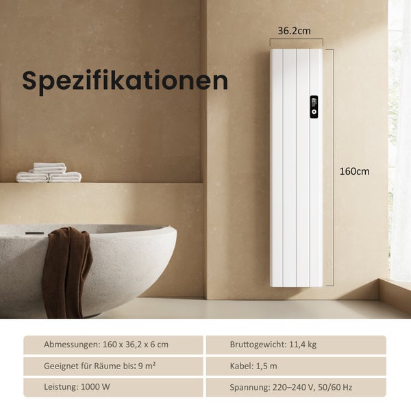 Specifikace produktu pro radiátor o rozměrech 160 x 36,2 centimetrů, vhodný pro místnosti do 9 metrů čtverečních, výkon 1000 wattů, hrubá hmotnost 11,4 kilogramů, délka kabelu 1,5 metru, napětí 220 až 240 voltů, 50/60 hertzů.